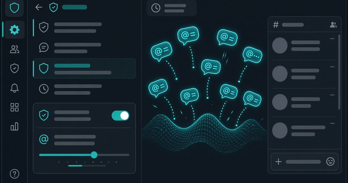 Panel AutoMod estilo Discord oscuro bloqueando burbujas de spam neón antes de que lleguen a #general