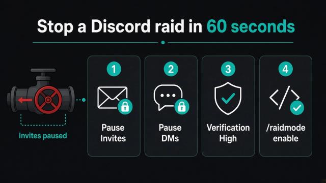 Four-step Discord raid checklist: 1 Pause Invites, 2 Pause DMs, 3 Verification High, 4 /raidmode enable, with a red stop valve labeled Invites paused