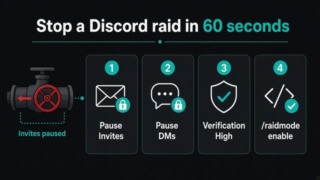 Four-step Discord raid checklist: 1 Pause Invites, 2 Pause DMs, 3 Verification High, 4 /raidmode enable, with a red stop valve labeled Invites paused