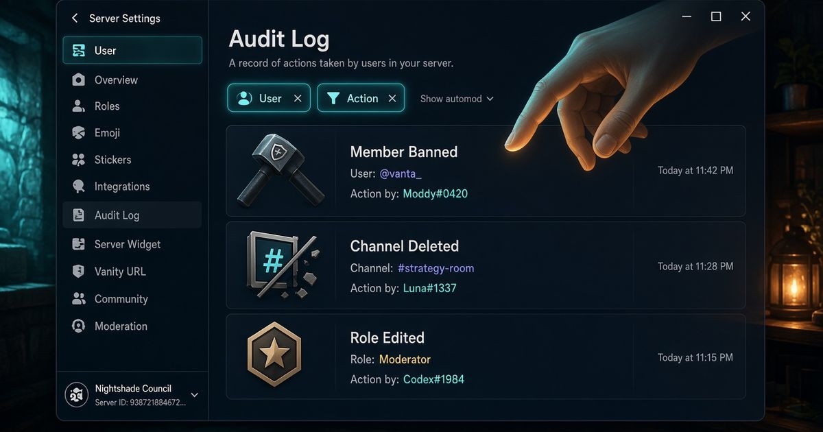 Dark Discord-style Audit Log screen with ban and channel-delete rows and two glowing filter chips