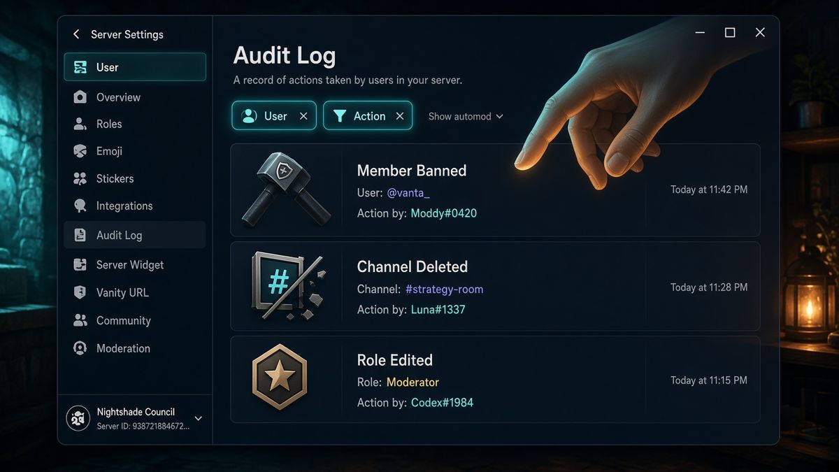 Dark Discord-style Audit Log screen with ban and channel-delete rows and two glowing filter chips