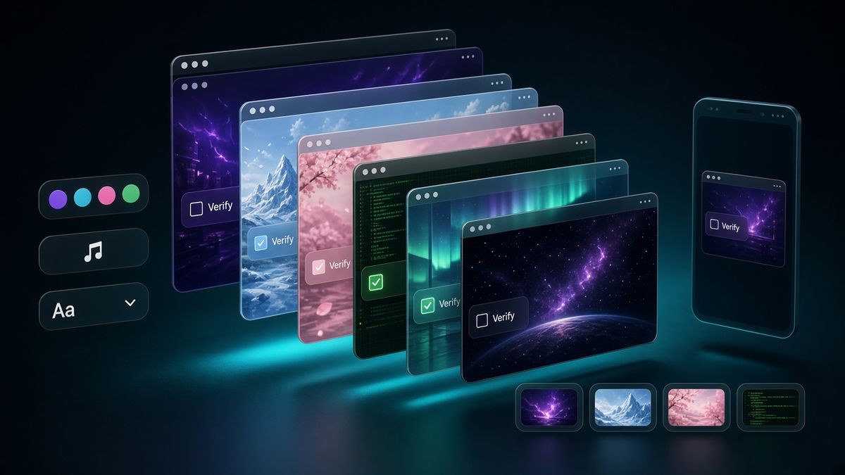 Browser-Verify-Seite in sechs Themes, mit Farbfeldern, einer Musiknote und einer Handy-Vorschau