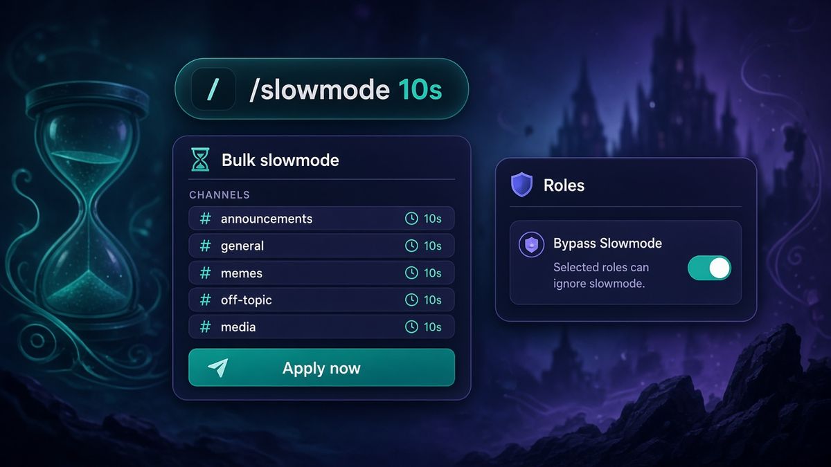 Comando /slowmode 10s ao lado de um painel de cinco canais e o interruptor Bypass Slowmode
