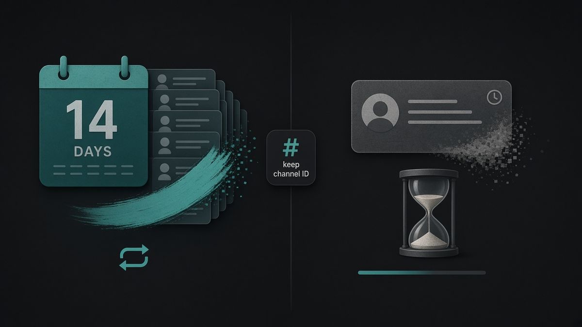 Split illustration: a 14-day calendar with messages vanishing in one swipe, and an old message deleted slowly next to an hourglass