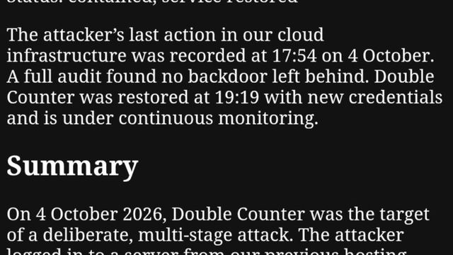 2026年10月4日のDouble Counterトークン盗難とデータベースコピーのインシデント報告