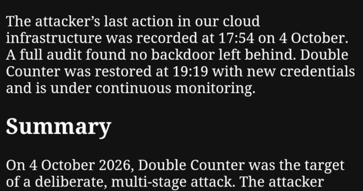 2026年10月5日付のDouble Counterインシデント報告。標的型攻撃、盗まれたDiscord Botトークン、約50の大規模サーバーへの招待投稿、データベースの部分コピー、決済詐欺を記述