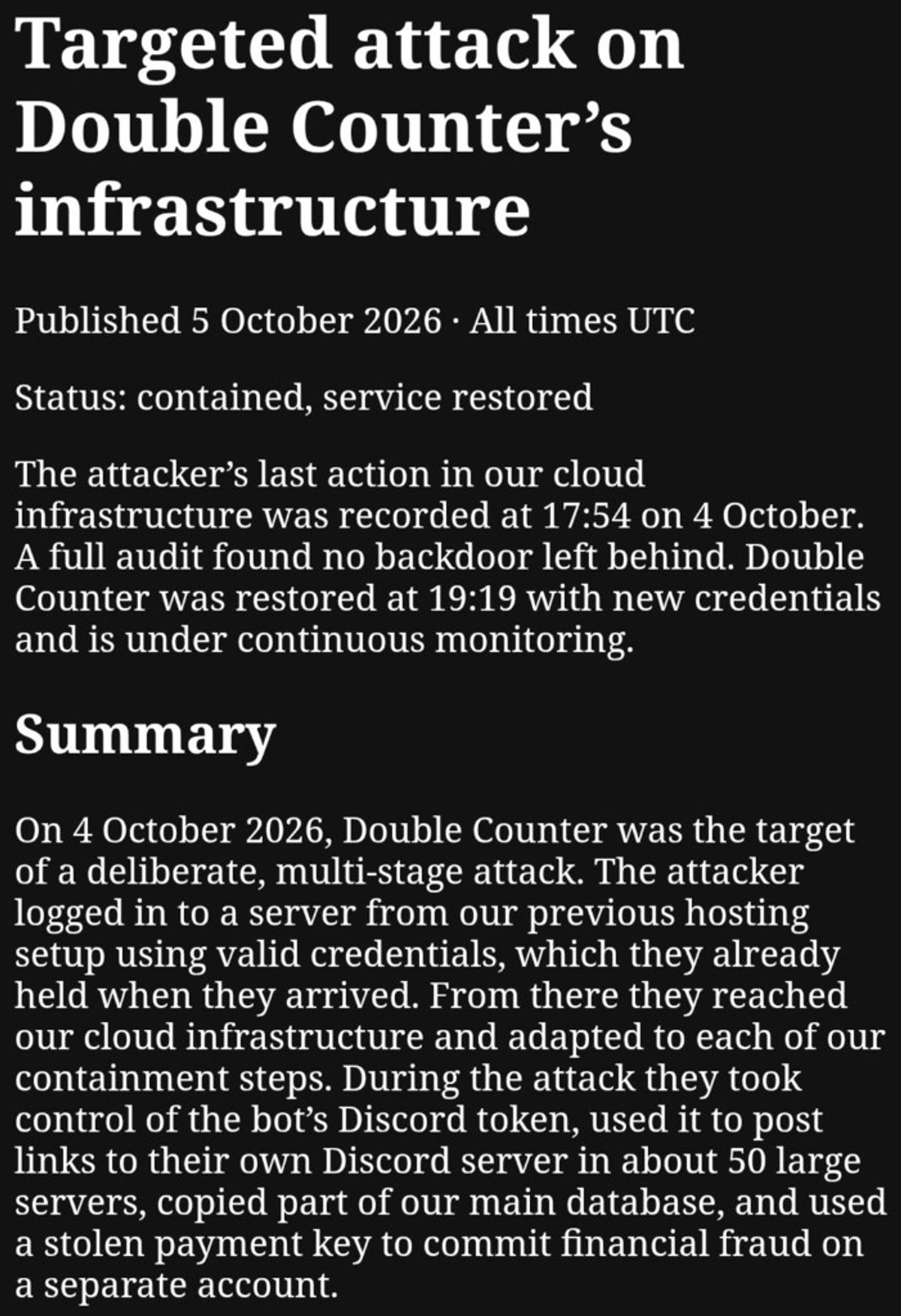 2026年10月5日付のDouble Counterインシデント報告。標的型攻撃、盗まれたDiscord Botトークン、約50の大規模サーバーへの招待投稿、データベースの部分コピー、決済詐欺を記述