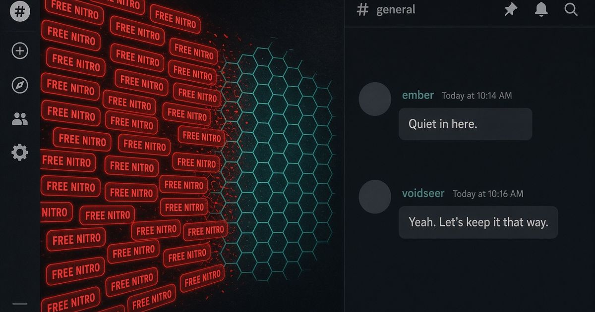 暗いDiscord風チャットでネオン色のスパムが青緑の六角メッシュに当たる図