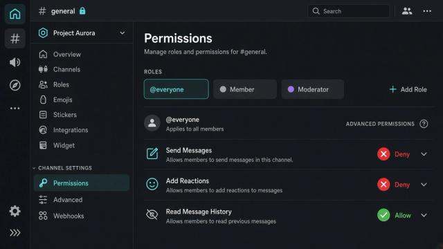 Dark Discord-style channel Permissions panel with @everyone selected and Send Messages set to a red X deny
