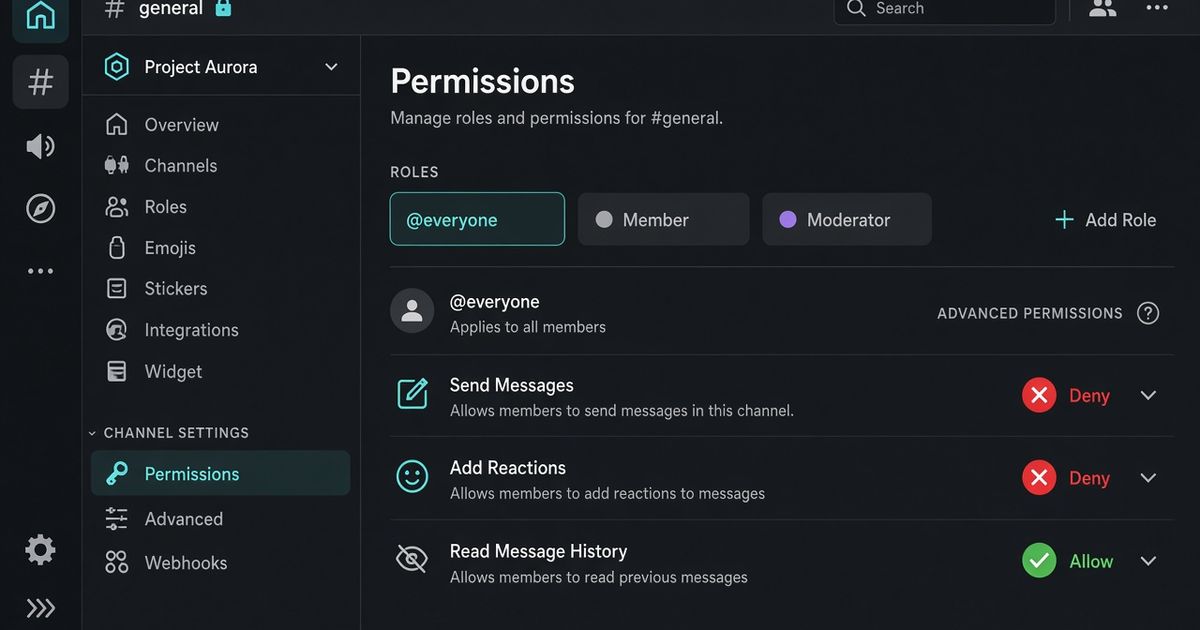 Painel Permissions de um canal estilo Discord escuro, com @everyone selecionado e Send Messages num X vermelho