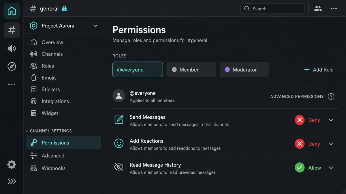 Painel Permissions de um canal estilo Discord escuro, com @everyone selecionado e Send Messages num X vermelho