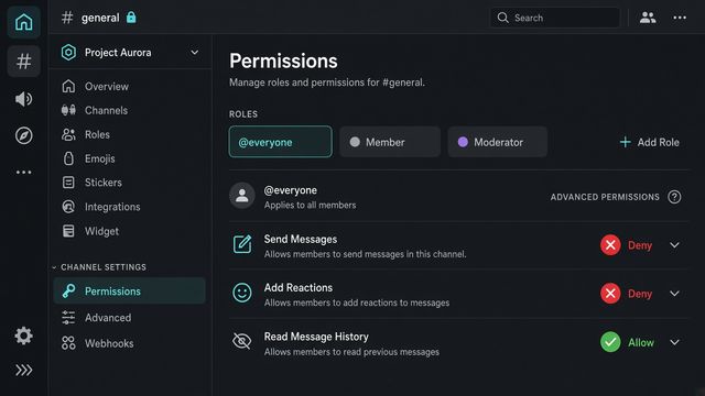 Dark Discord-style channel Permissions panel with @everyone selected and Send Messages set to a red X deny