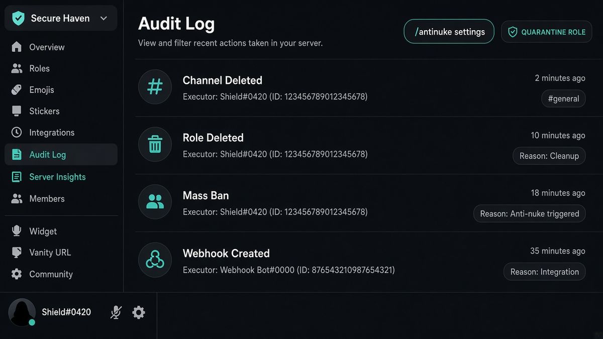 Audit Log oscuro estilo Discord con filas de canal borrado, rol borrado, ban masivo y webhook creado junto a un chip /antinuke settings