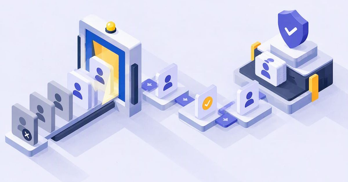 確認とレビューの段階がある安全なDiscord一括BANワークフローのアイソメ図