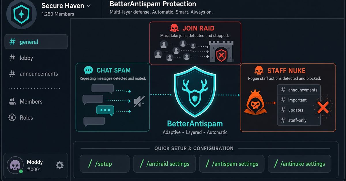 Dreischichtiges Discord-Sicherheitsdiagramm: petrolfarbenes BetterAntispam-Schild, Raid-Konten an einer Tür, stumme Spamblasen und ein feindlicher Admin, der Kanäle löscht
