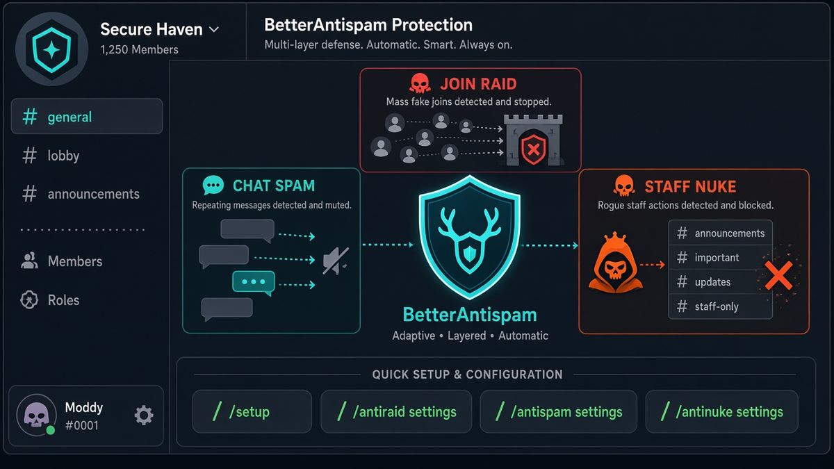 Dreischichtiges Discord-Sicherheitsdiagramm: ein tealer BetterAntispam-Schild in der Mitte, Raid-Konten an einer Tür, stummgeschaltete Spam-Bubbles und ein feindlicher Admin, der Kanäle löscht