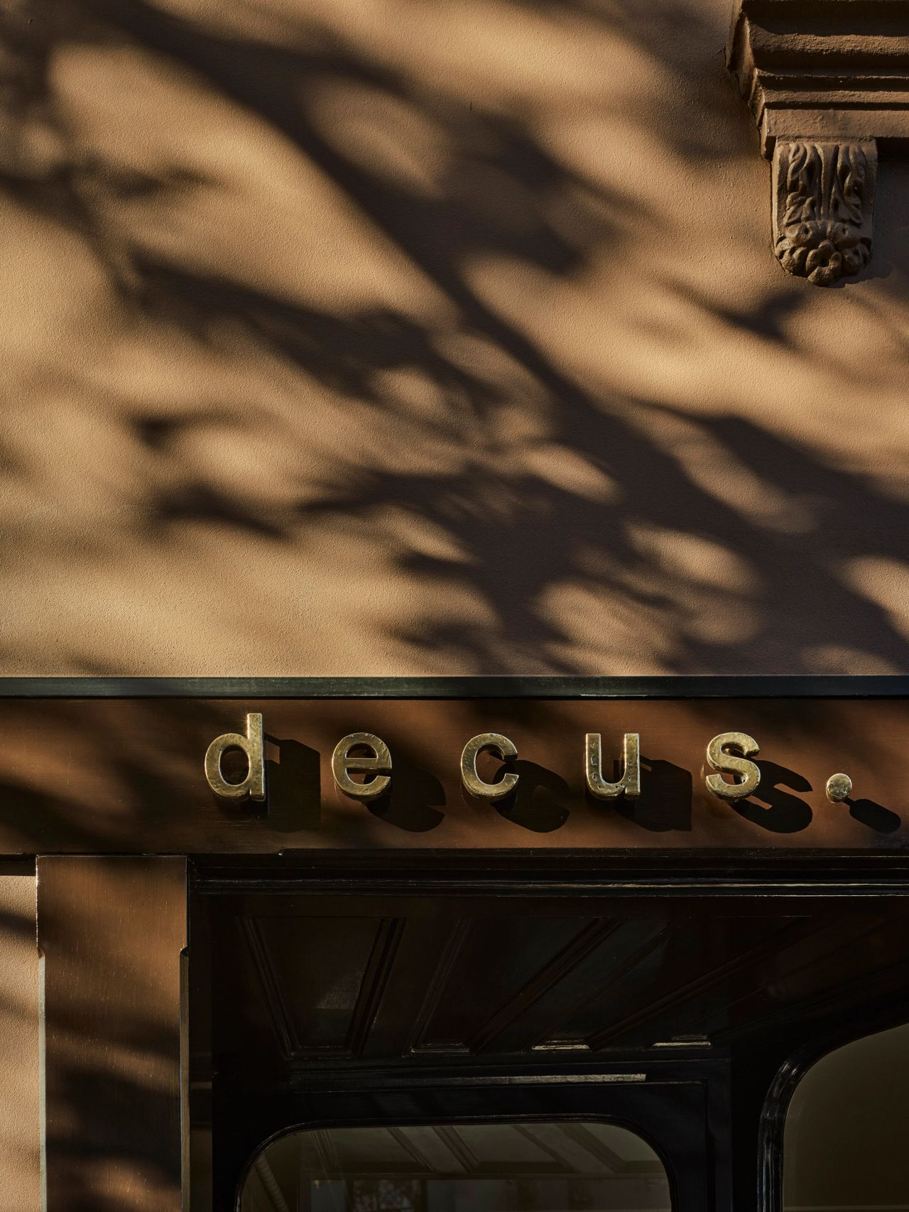 Queenie Bronze 'decus.' signage above a dark storefront entrance, with dappled leaf-shadow patterns cast across the warm-toned facade and an ornate corbel detail above
