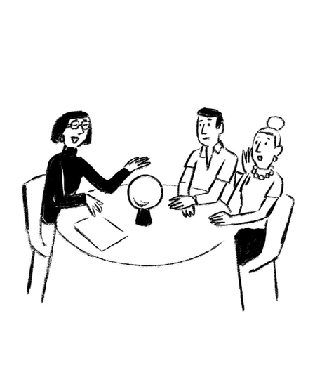 Stylised minimalist illustration showing interior designer and client engagement