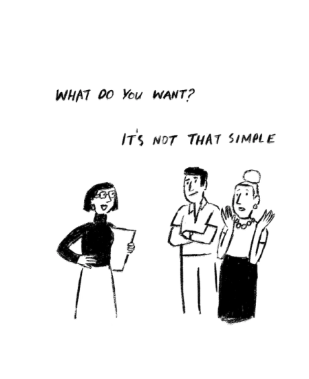 Stylised minimalist illustration showing client and designer in conversation