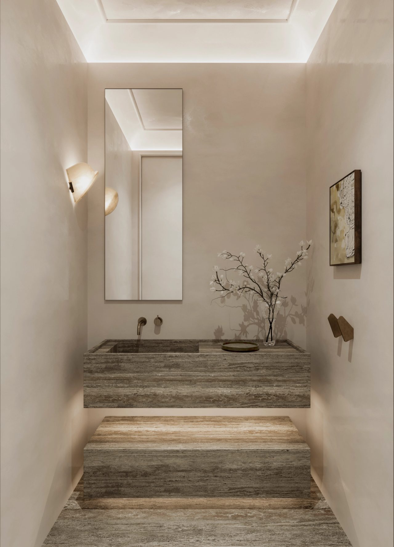 Heavy Metal Powder room with a floating travertine vanity and integrated stone step, a tall rectangular mirror above, and cove lighting along the ceiling and floor, styled with a branch arrangement and a small framed artwork