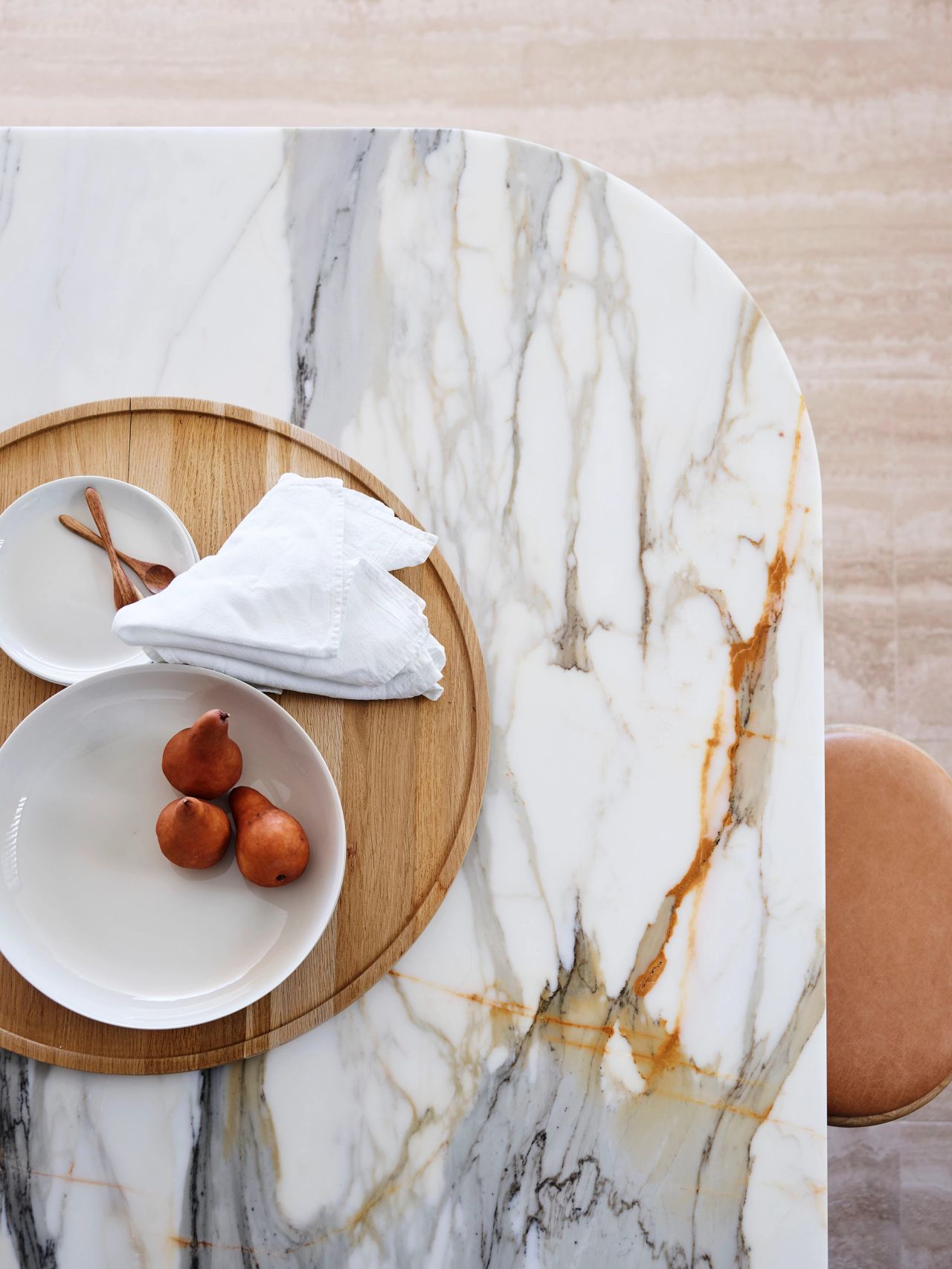 Hill House Kitchen Bench detail birdseye view of marble counter with a grey and orange vein