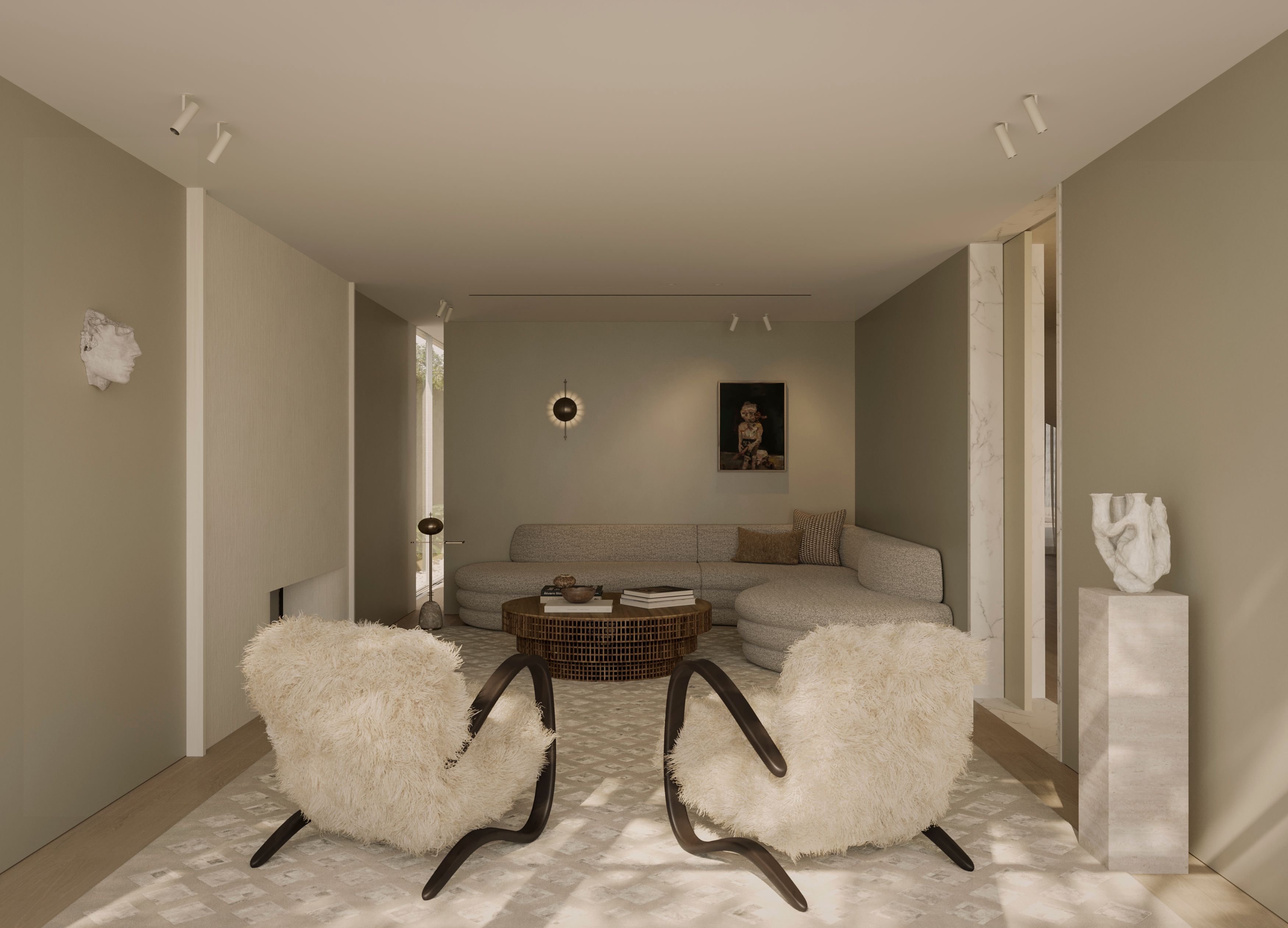 Park Living room with two shaggy white sculptural-armed lounge chairs facing a curved beige sofa, a mosaic-tiled round coffee table, a starburst wall sconce, a framed portrait, and a sculptural white object displayed on a pedestal