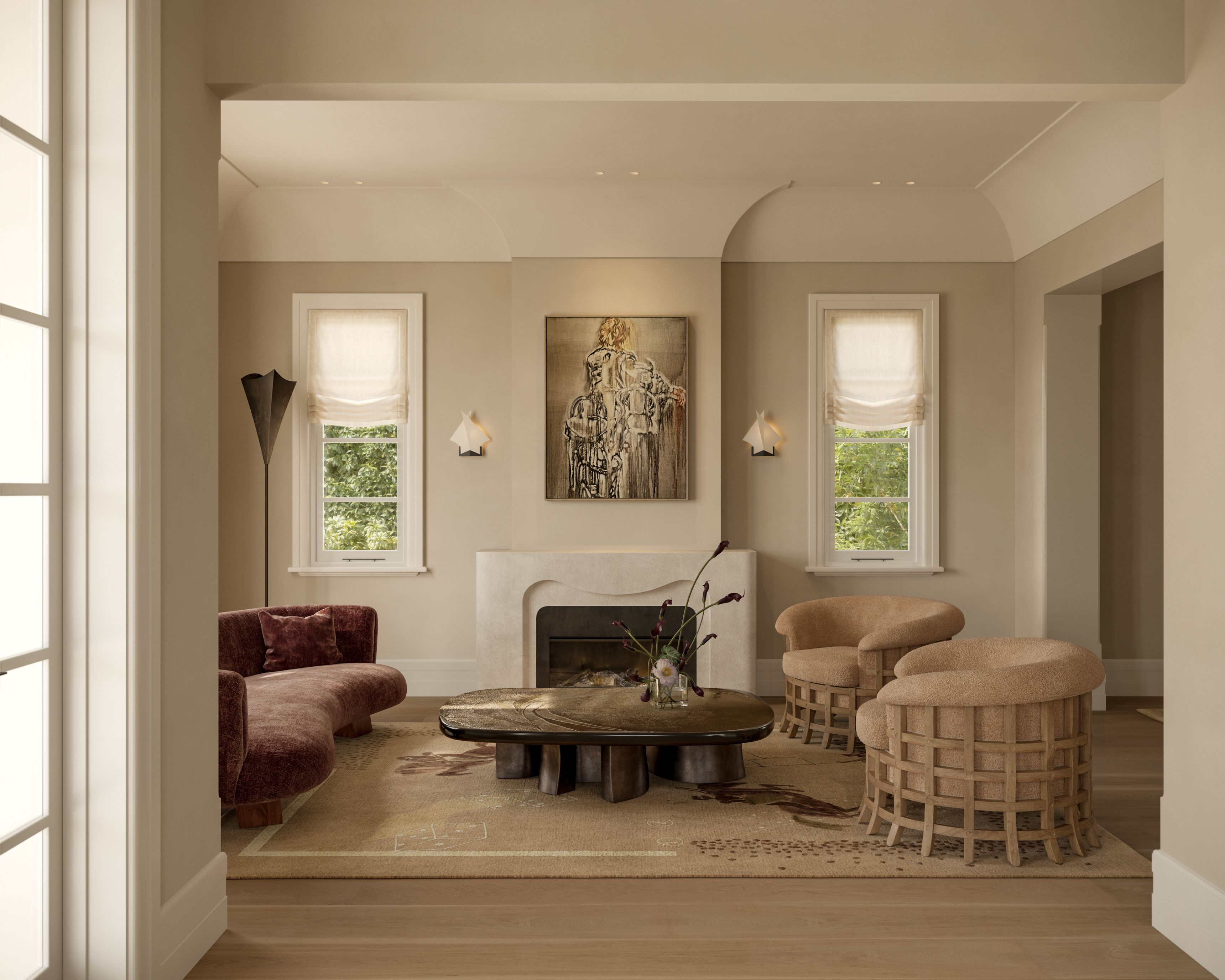 Lady M Living room with a curved rust-toned velvet sofa and boucle-upholstered swivel chairs with woven timber bases arranged around a dark organic-form coffee table; a plastered curved fireplace surround sits beneath a figurative artwork, flanked by arched sconces and windows with linen roman shades