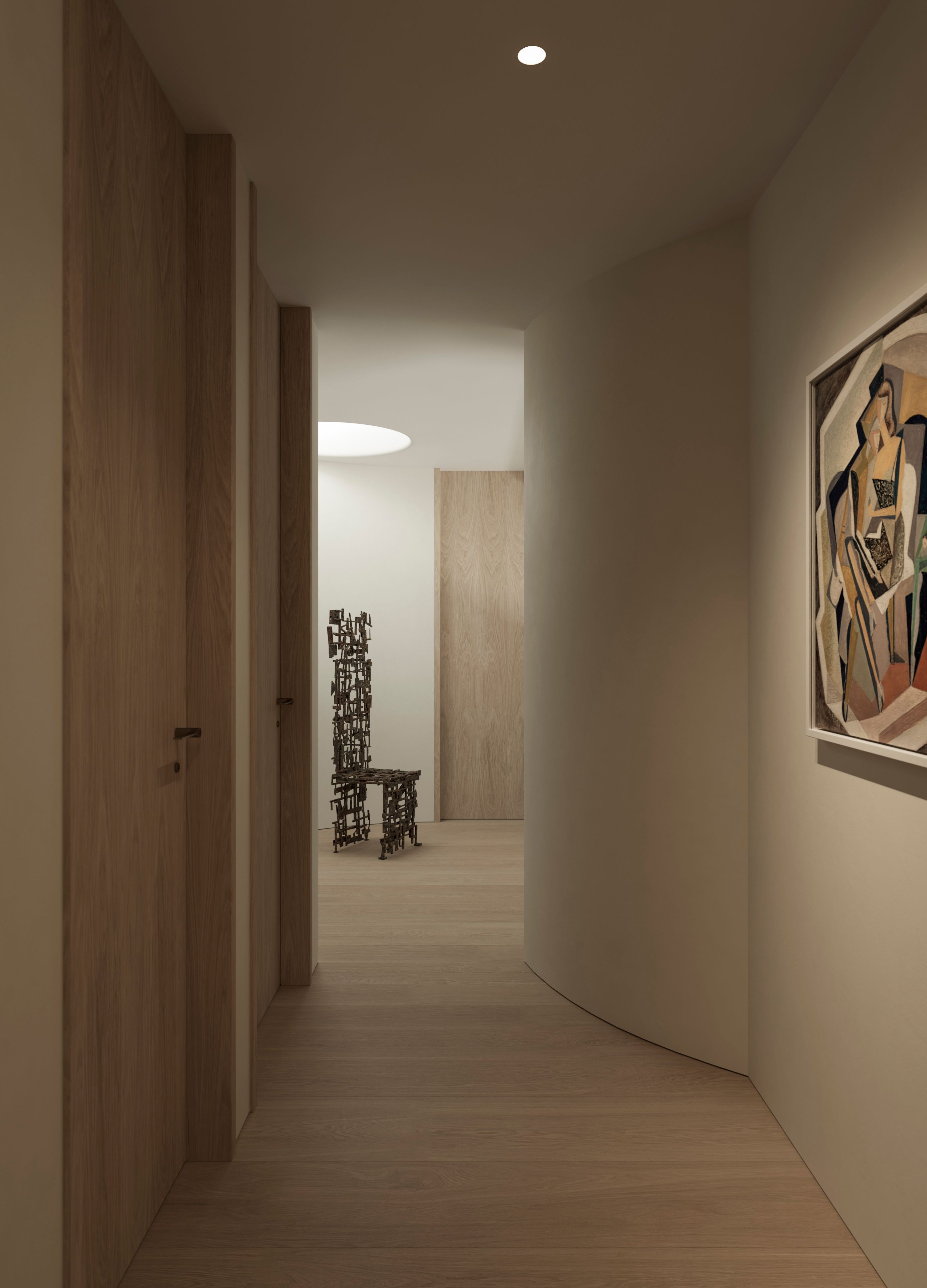 Park Curved hallway with wooden doors, a cubist-style framed artwork, a circular skylight, and a sculptural dark abstract side table in the distance