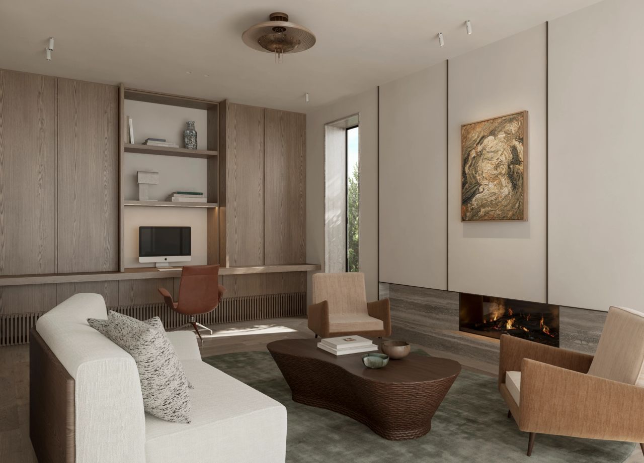 Heavy Metal Living room with a built-in study nook, textured boucle sofa and camel armchairs around an organic-shaped timber coffee table, a linear gas fireplace, and a large textured abstract painting above stone panelling