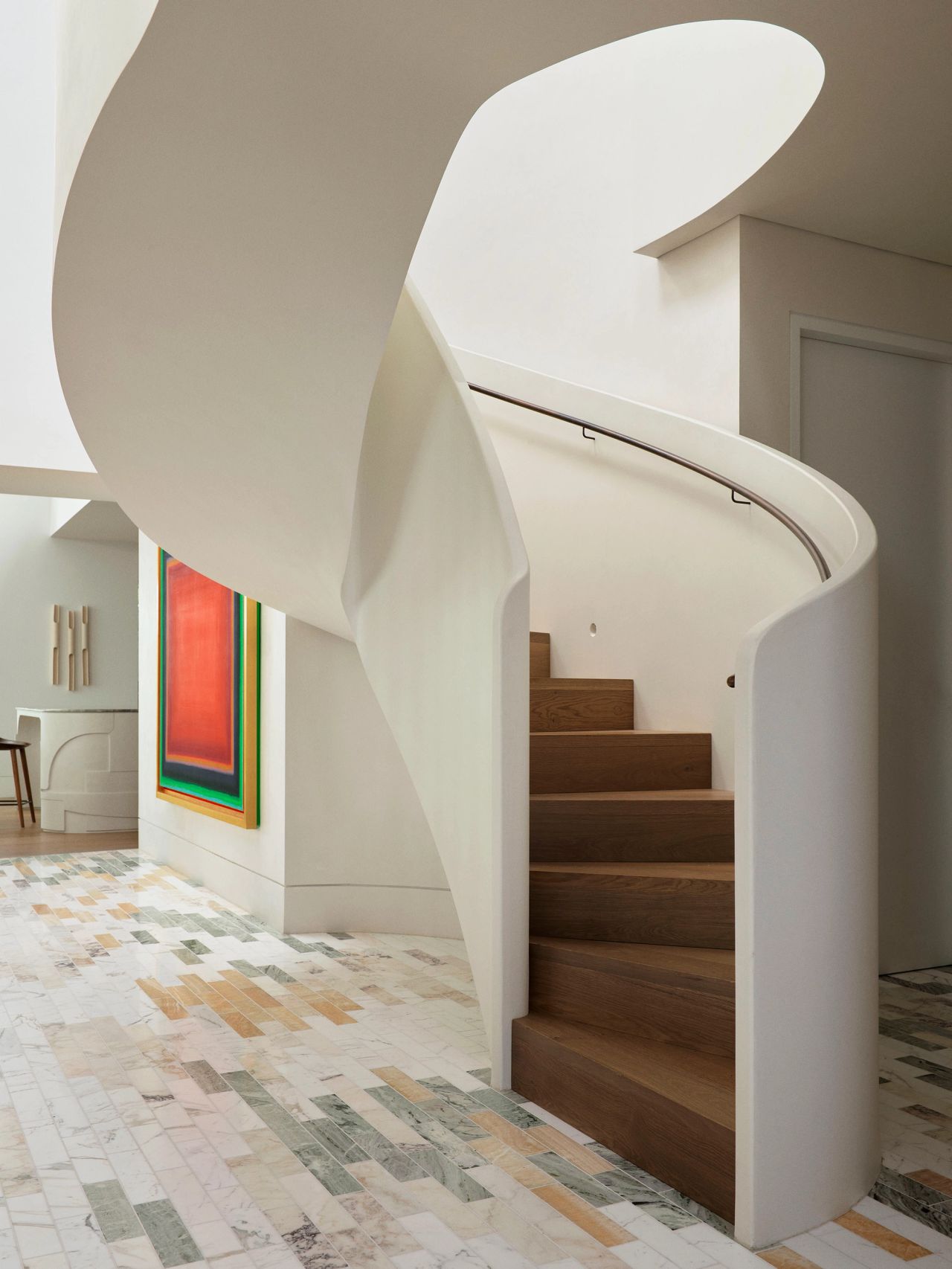 Dancing on the Ceiling curved render detail of staircase and chairs in the background 