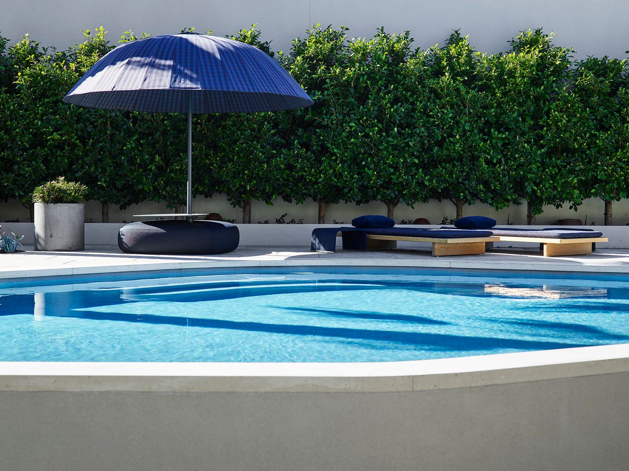 Curved swimming pool with sculptural sun loungers and a blue umbrella, framed by a dense green hedge in the coastal home's landscaped garden.