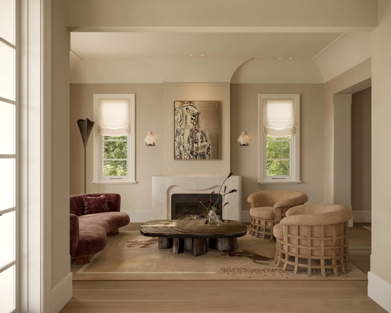 Lady M Living room with a curved rust-toned velvet sofa and boucle-upholstered swivel chairs with woven timber bases arranged around a dark organic-form coffee table; a plastered curved fireplace surround sits beneath a figurative artwork, flanked by arched sconces and windows with linen roman shades