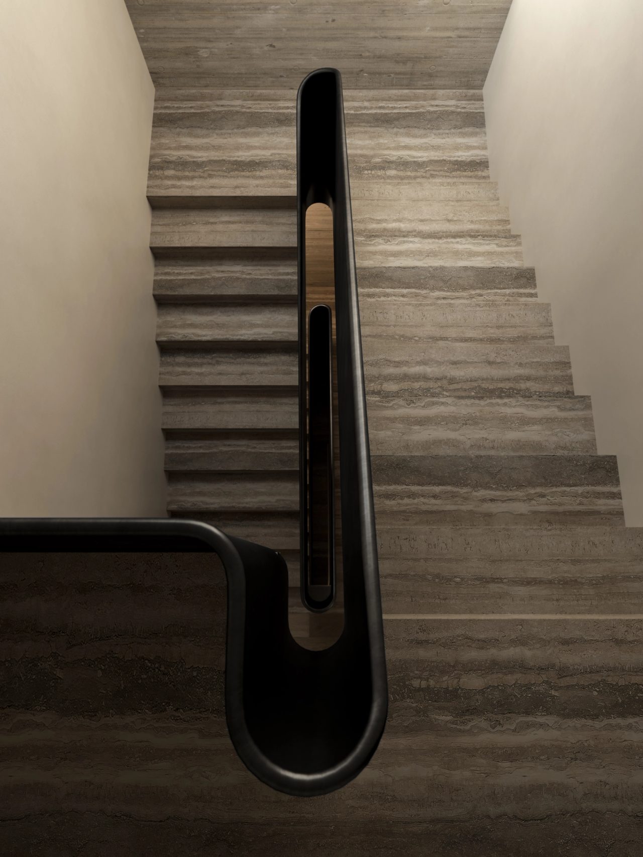 Sculptural staircase with richly veined natural stone steps and a curved steel balustrade, viewed from above.