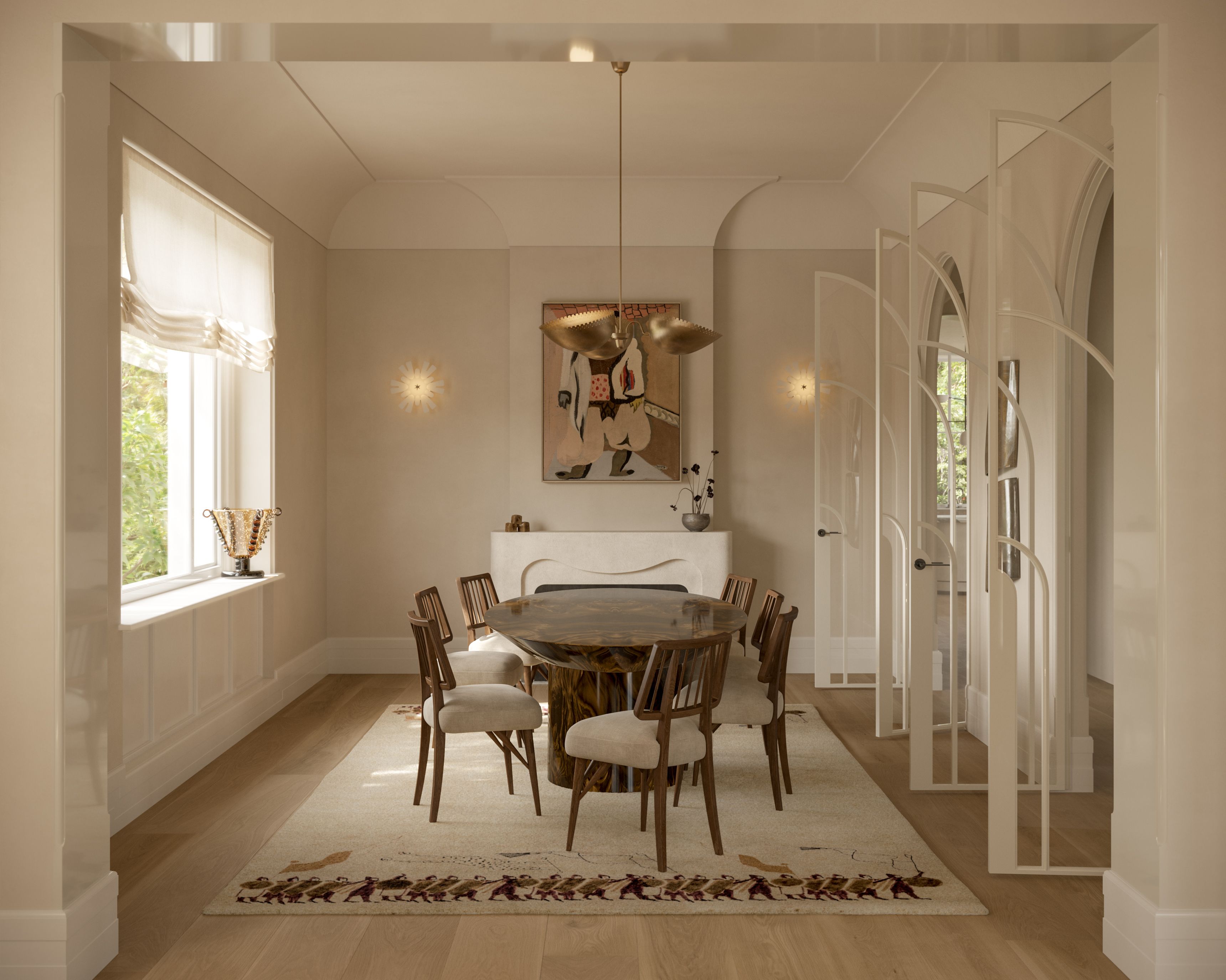 Lady M Dining room with a round burl-wood table and upholstered timber chairs on a patterned rug, a figurative artwork above a plaster mantel, starburst wall sconces, arched panelled doors, and Roman blinds at the window