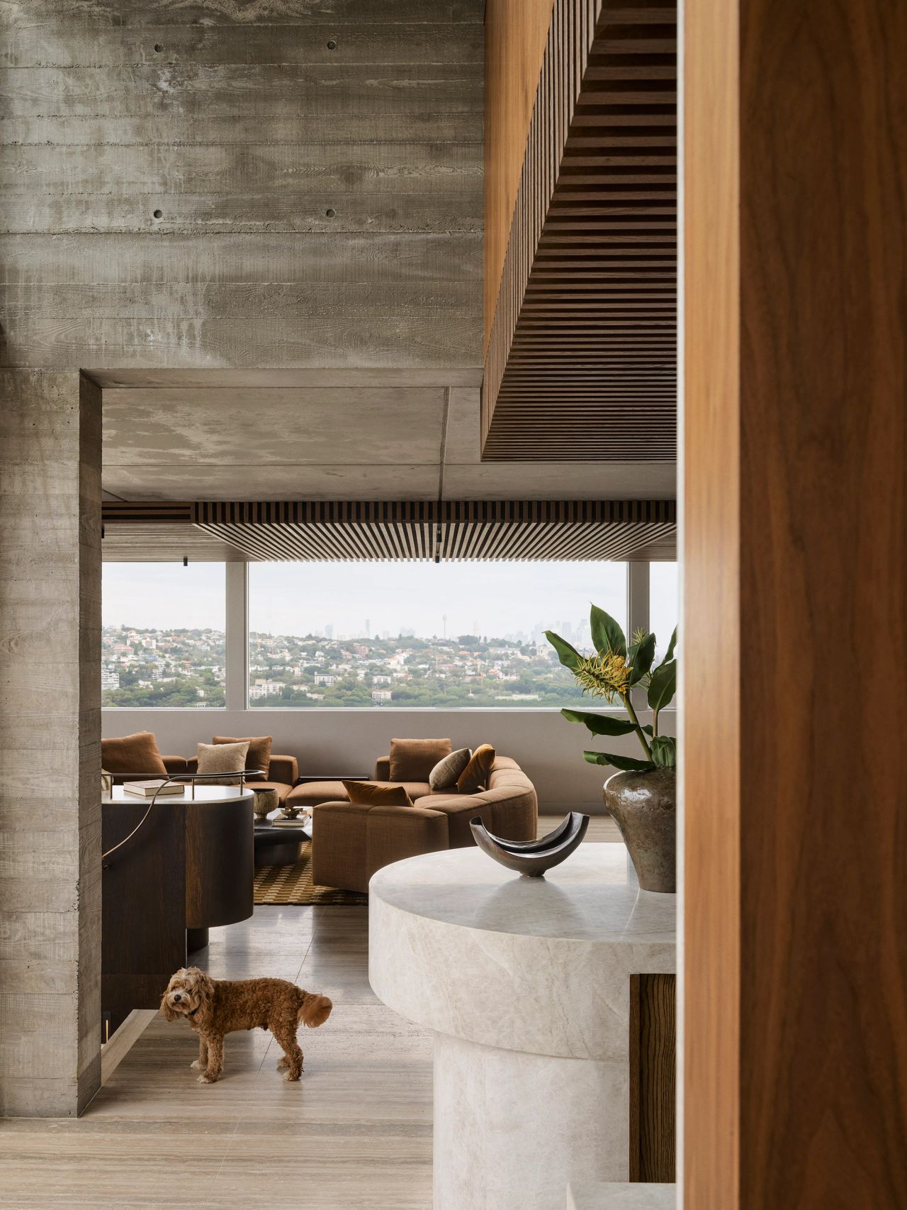 Orla contemporary open-plan living room and kitchen blending Brazilian influences with a warm brown, black, and camel palette; travertine flooring, brown sofa and white/beige quartzite granite kitchen island and a cavoodle in the foreground. 