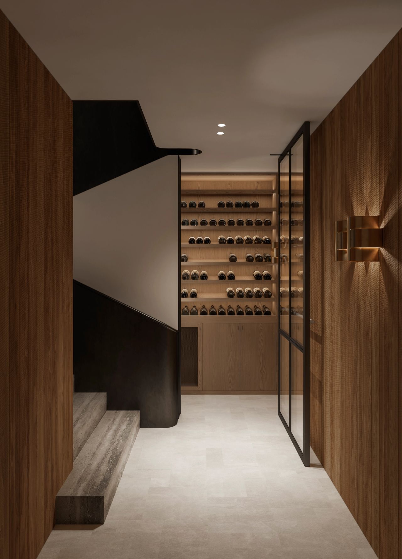Heavy Metal Timber-lined hallway leading to a glass-enclosed wine cellar with backlit shelving of stored bottles, alongside a curved staircase and a sculptural bronze wall light