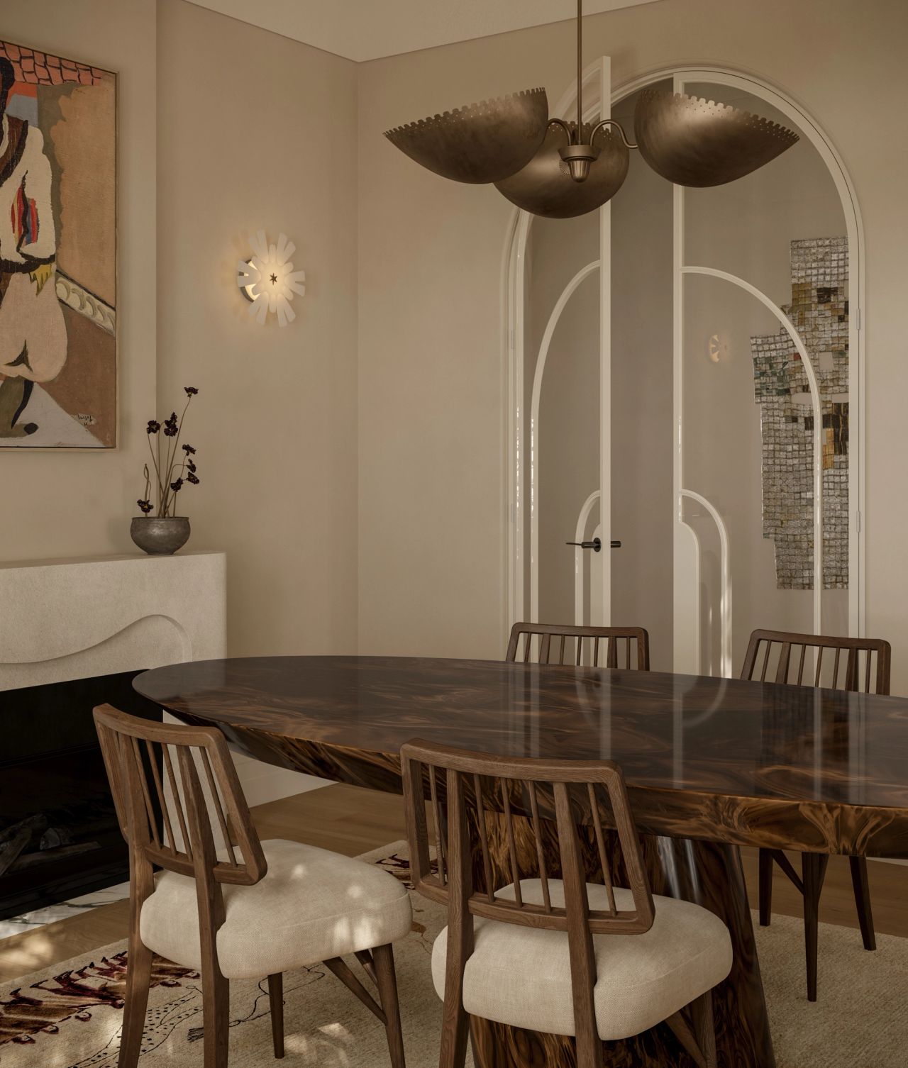 Lady M Sculptural curved white staircase with a marble-veined base, timber-clad treads, and a wall-mounted bronze sculpture beside it; a spherical glass pendant light hangs above and an abstract bronze relief sculpture sits on the landing wall