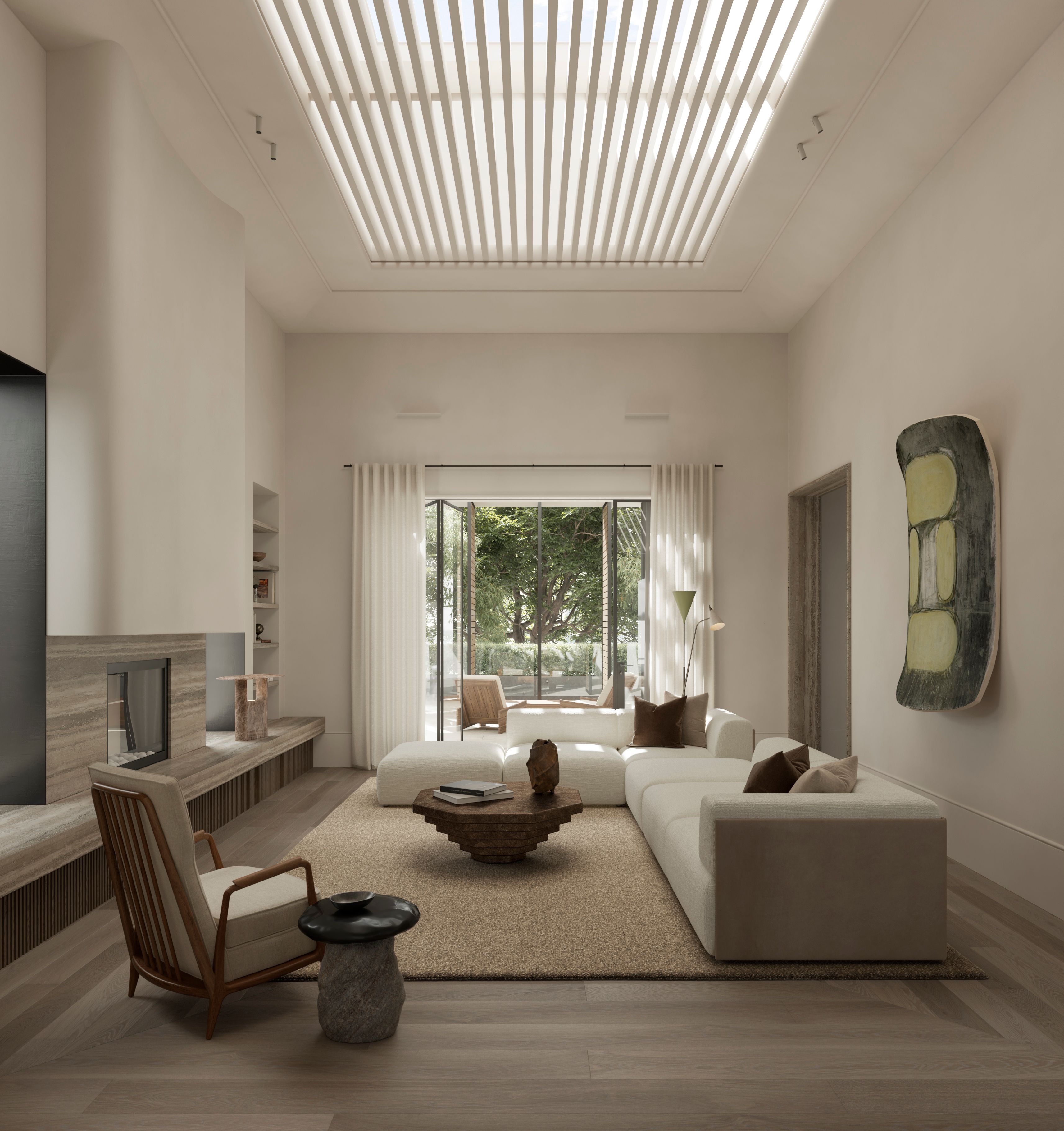 Heavy Metal Living room with a large boucle sectional sofa around a sculptural stepped timber coffee table, a stone side table and travertine fireplace, timber-framed armchair, and a bold abstract sculptural artwork on the wall, opening to a garden through folding glass doors
