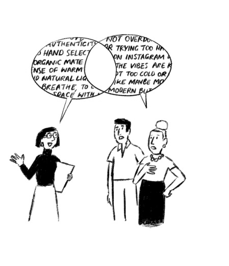 Stylised minimalist illustration showing interior designer and client in conversation