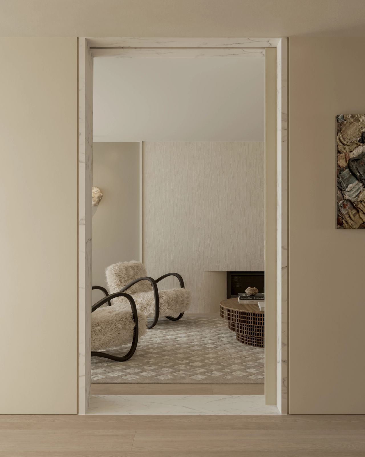 Contemporary sitting room framed by marble doorway, featuring sculptural boucle armchairs, textured wall finishes, patterned rug and timber coffee table.