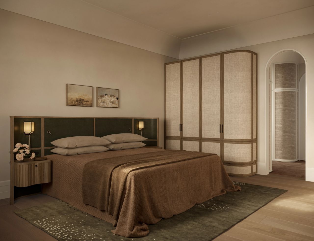 Lady M Bedroom with a green upholstered timber-framed bed and bronze bedspread, curved fluted bedside table with integrated lamp, and a curved fabric-panelled wardrobe with timber trim beside an arched doorway