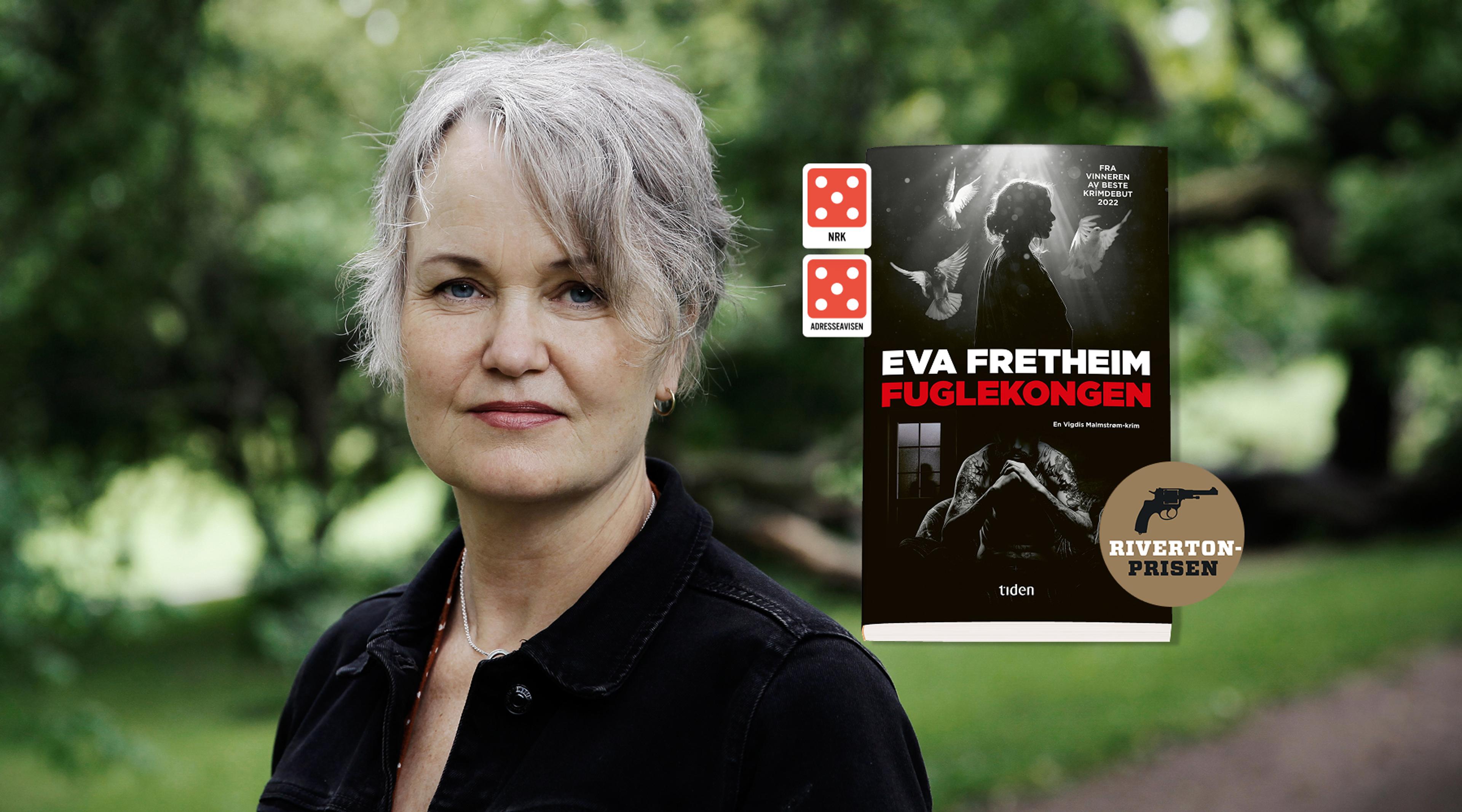 Portrett av Eva Fretheim og boken Fuglekongen ved siden av 