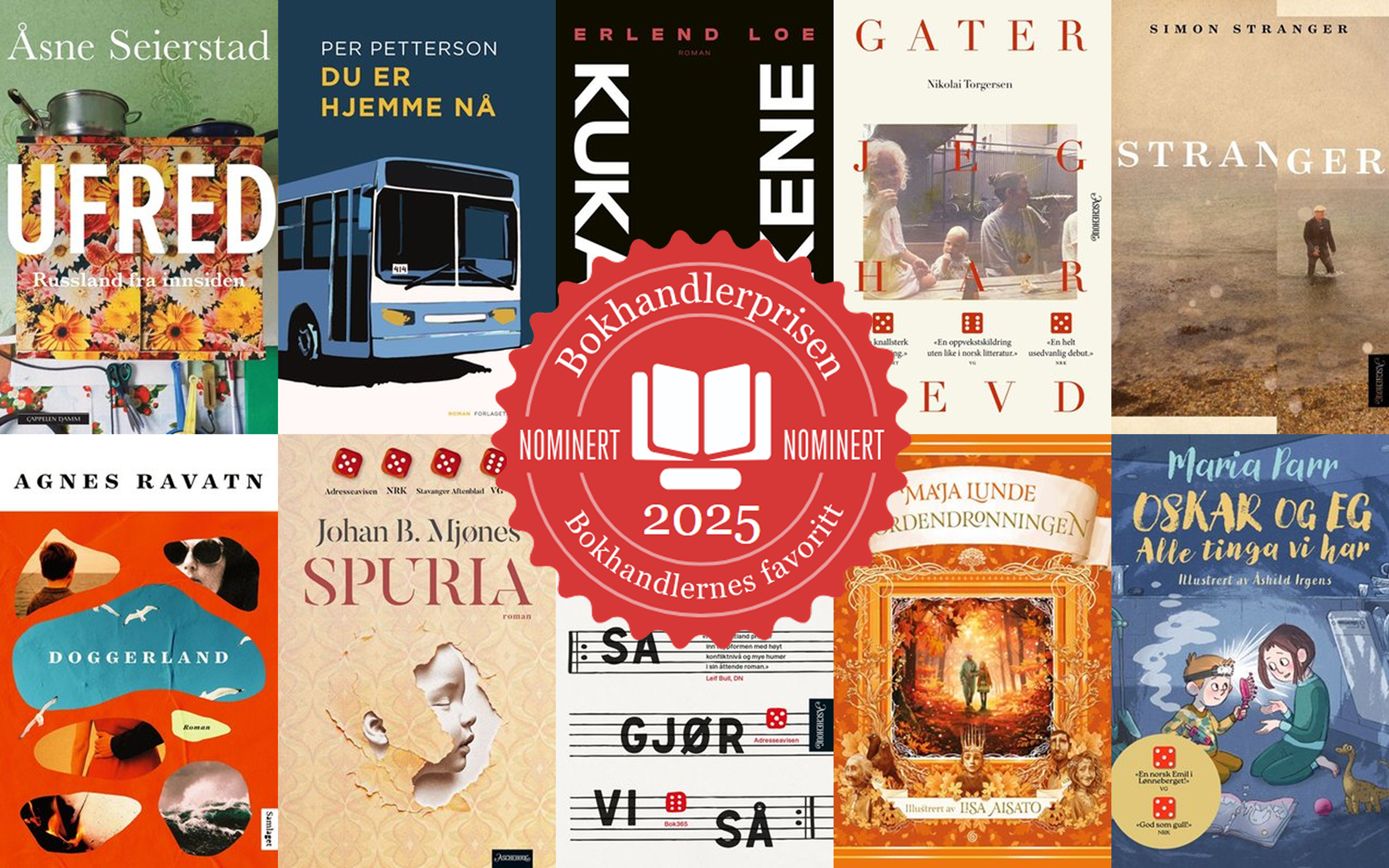Mockup av covere av de ti nominterte + "Bokhandlerprisen nominert 2025"-bombe