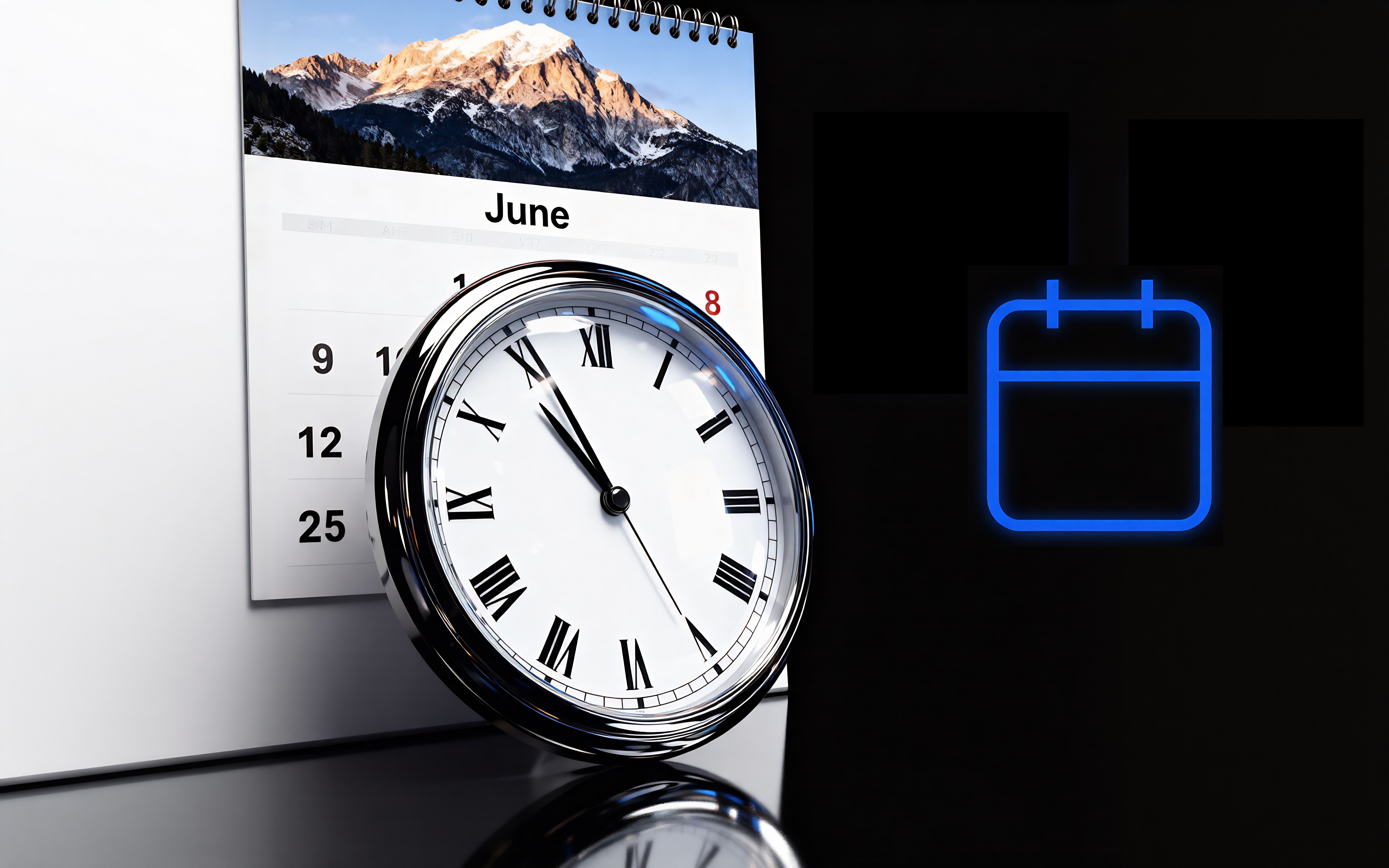Clock over paper calendar with mountain image on left. ScheduCal icon on black background on right