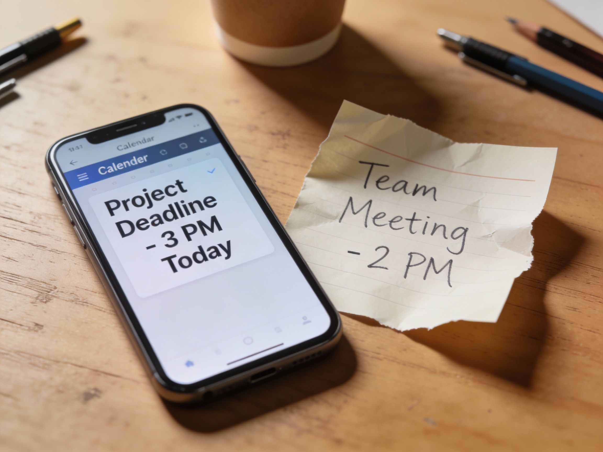 Phone with calendar reminder "Project Deadline - 3PM Today" next to clip of paper with "Team Meeting - 2PM" on tabletop