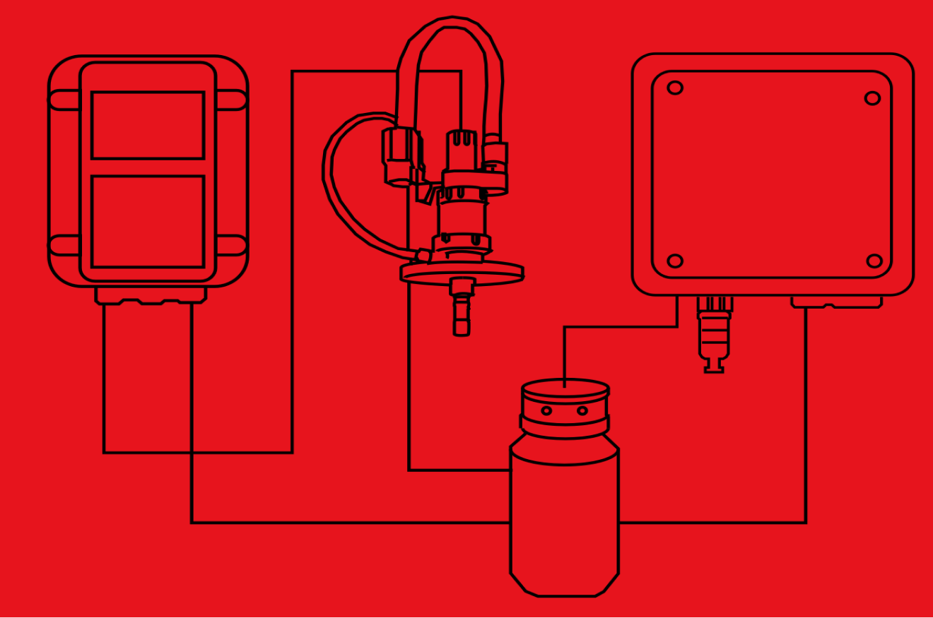 An illustration of a group of sensor and readout equipment, in a technical line art style