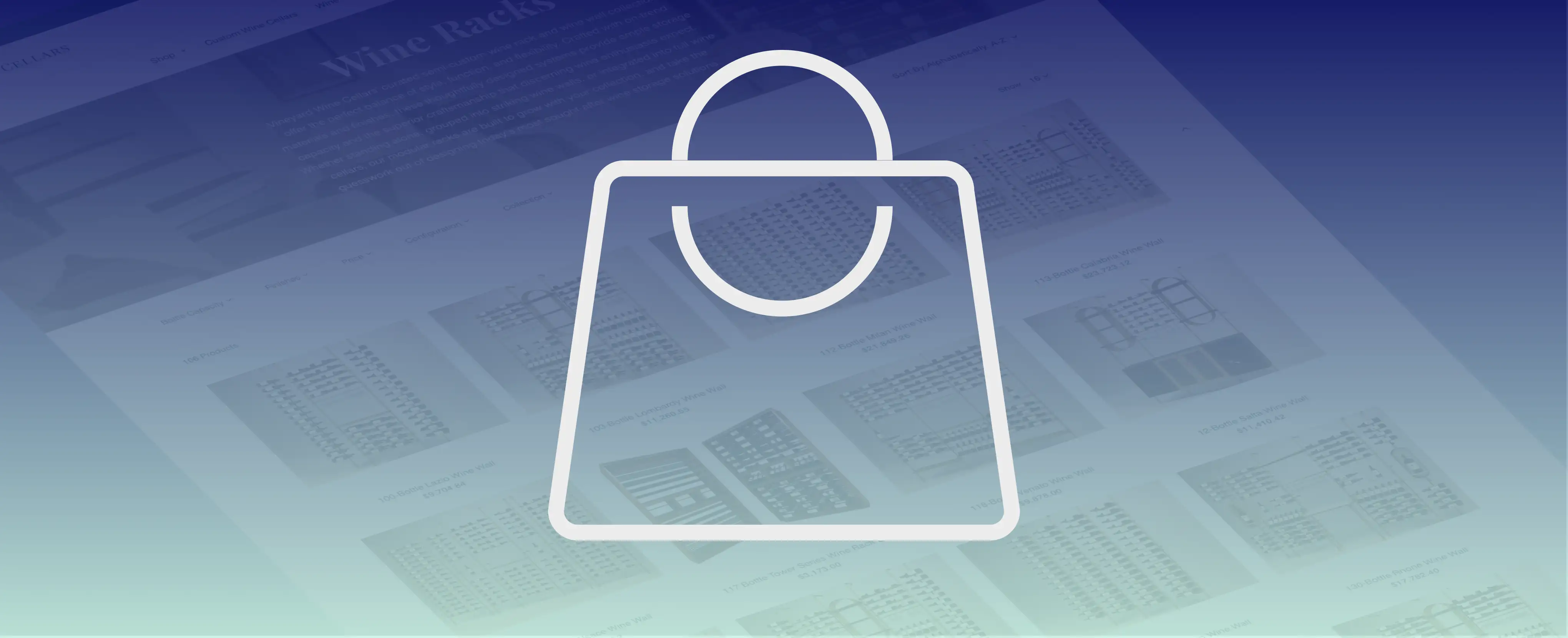 An icon of a shopping bag with a transparent ecommerce website in the background