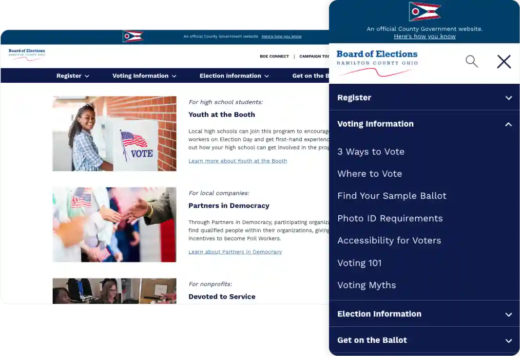 A screenshot of the blog page on the Hamilton County Board of Elections Website overlayed by an image of the mobile menu showing voting information