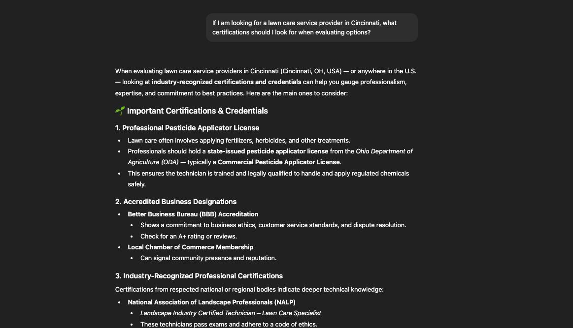A screenshot of a ChatGPT conversation about certifications for lawn care companies