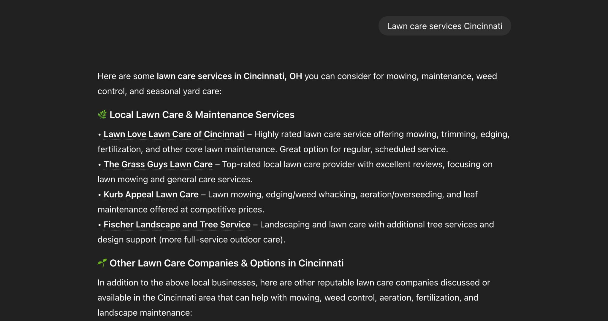 A screenshot of a ChatGPT conversation about lawn care services